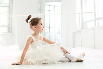 Image showing The little balerina in white tutu in class at the ballet school