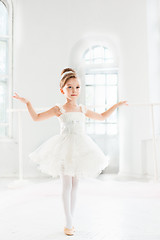 Image showing Little ballerina girl in a tutu. Adorable child dancing classical ballet in a white studio.