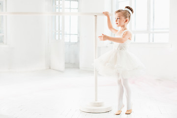 Image showing Little ballerina girl in a tutu. Adorable child dancing classical ballet in a white studio.