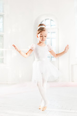 Image showing Little ballerina girl in a tutu. Adorable child dancing classical ballet in a white studio.