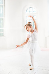 Image showing Little ballerina girl in a tutu. Adorable child dancing classical ballet in a white studio.