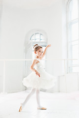 Image showing Little ballerina girl in a tutu. Adorable child dancing classical ballet in a white studio.