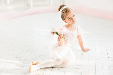 Image showing The little balerina in white tutu in class at the ballet school