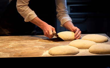 Image showing baker portioning dough with bench cutter at bakery