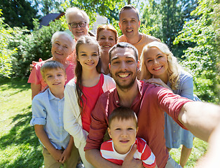 Image showing happy family taking selfie in summer garden