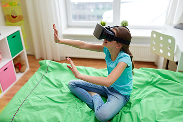 Image showing happy girl in vr headset or 3d glasses at home