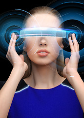 Image showing woman in virtual reality 3d glasses with hologram