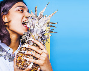 Image showing lifestyle people concept. young pretty smiling indian girl with long nails wearing lot of jewelry rings, asian summer happy cool close up