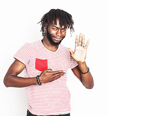 Image showing young handsome afro american boy stylish hipster gesturing emoti