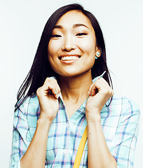 Image showing young pretty asian woman posing cheerful emotional isolated on white background, lifestyle people concept 