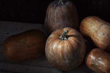 Image showing Group of pumpkins on a wooden table