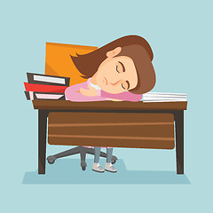 Image showing Caucasian student sleeping on the desk with books.