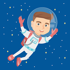 Image showing Caucasian astronaut kid in suit flying in space.