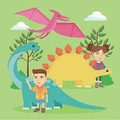 Image showing Caucasian kids playing with dinosaurs outdoor.