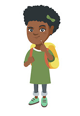 Image showing African little girl with school bag thinking.