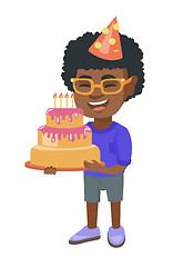 Image showing African child holding birthday cake with candles