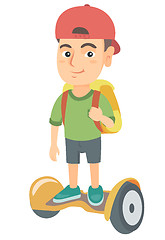 Image showing Caucasian schoolboy riding on gyroboard to school.