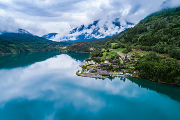 Image showing Beautiful Nature Norway Aerial view of the campsite to relax.