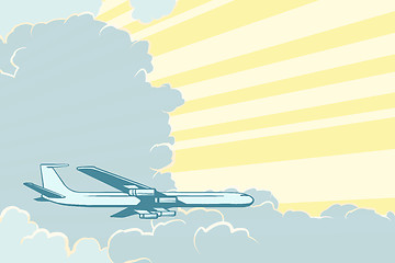 Image showing Retro airplane flying in the clouds. Air travel background