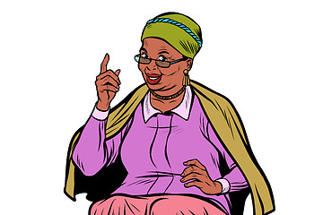 Image showing African elderly woman pointing finger up, isolate on white backg