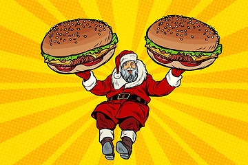 Image showing Santa Claus with two burgers, fast food delivery gift