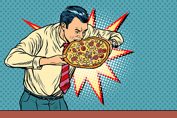 Image showing businessman bites pizza