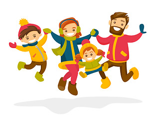 Image showing Caucasian family jumping in the snow in winter.