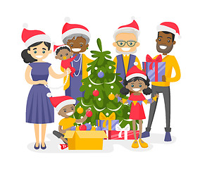 Image showing Big biracial family decorating the Christmas tree.