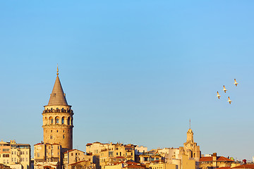 Image showing Istanbul cityscape in Turkey with Galata Tower, 14th-century city landmark in the middle.