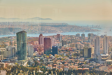 Image showing Urban landscape of European side of Istanbul and Bosphorus Strait on a horizon. Modern part of city with business towers of international corporations, skyscrapers and shopping malls of the city.