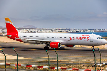 Image showing ARECIFE, SPAIN - APRIL, 15 2017: AirBus A321 of IBERIA with the 