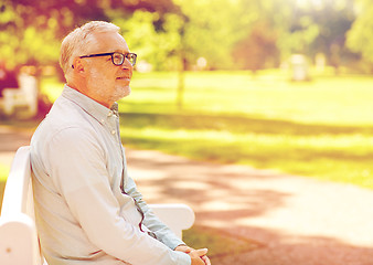 Image showing happy senior man in glasses sitting at summer park