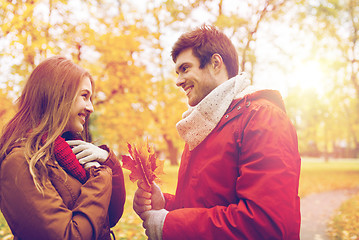 Image showing happy couple with maple leaves in autumn park