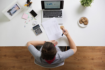 Image showing woman with tax report eating cookie at office