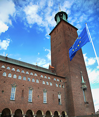 Image showing Stockholm City Hall ( Stockholms stadshus) with EU flag in Stock