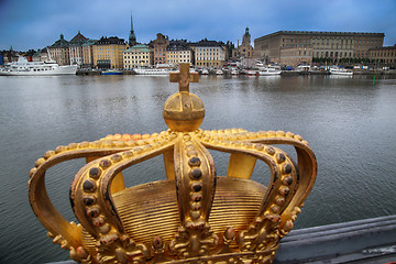 Image showing Skeppsholmsbron (Skeppsholm Bridge) with Golden Crown on a bridg