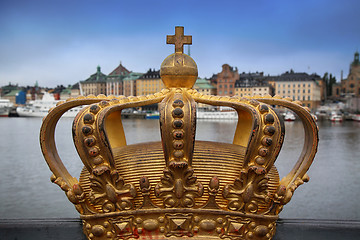 Image showing Skeppsholmsbron (Skeppsholm Bridge) with Golden Crown on a bridg