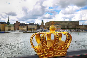 Image showing Skeppsholmsbron (Skeppsholm Bridge) with Golden Crown on a bridg