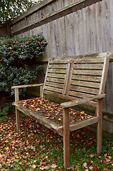 Image showing Rustic wooden bench covered in autumn leaves
