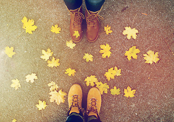 Image showing couple of feet in boots and autumn leaves