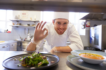 Image showing happy male chef cooking food at restaurant kitchen