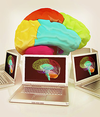 Image showing Computers connected to central brain. 3d render. Vintage style.