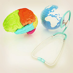 Image showing stethoscope, globe, brain - global medical concept. 3d illustrat