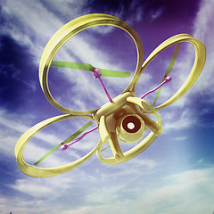 Image showing Drone, quadrocopter, with photo camera against the sky. 3D illus