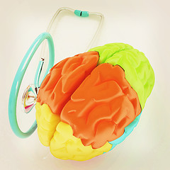 Image showing stethoscope and brain. 3d illustration. Vintage style.