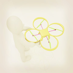 Image showing 3d man with drone, quadrocopter, with photo camera. 3d render. 3