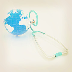 Image showing stethoscope and globe.3d illustration. Vintage style.