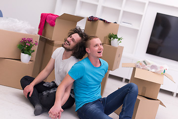 Image showing young  gay couple moving  in new house