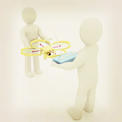 Image showing 3d man with drone, quadrocopter, with photo camera. 3d render. 3