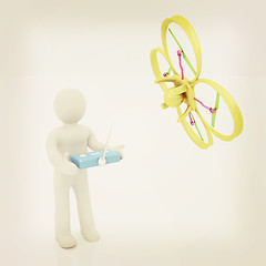 Image showing 3d man with drone, quadrocopter, with photo camera. 3d render. 3